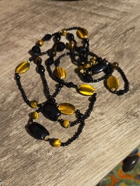 Vintage 48" Tiger's Eye & Black Glass Beaded Flapper Necklace